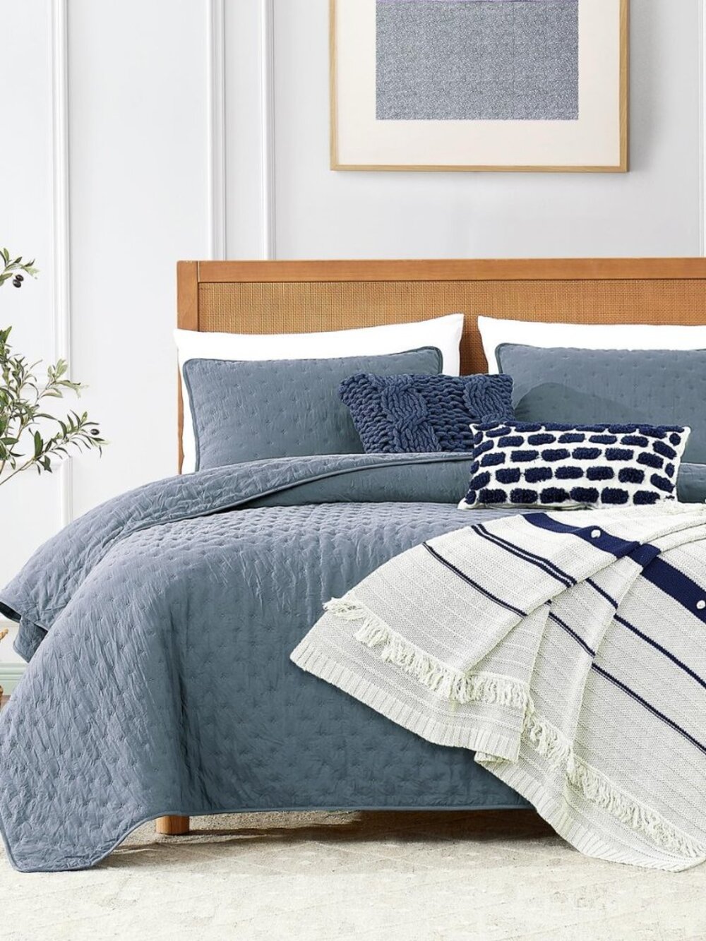 Dusty Blue Queen Size Quilt Bedding Set, Lightweight Soft Bedspread, Farmhouse